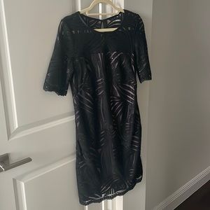 Donna Ricco Sheath Dress, Black Lace w/ Sequins Overlay, Lilac Slip, Size 4.